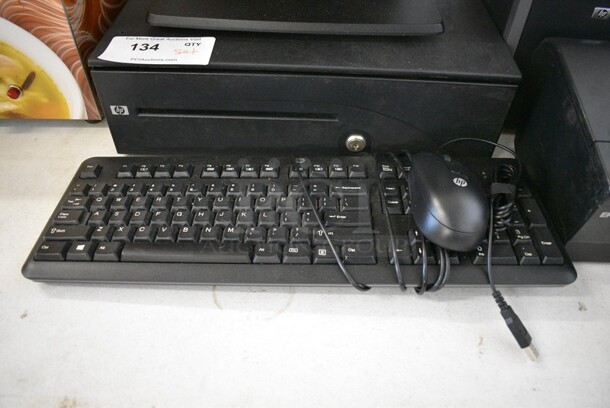 ALL ONE MONEY! Lot of 15" HP POS Monitor, HP UPS T750 Tower,  Epson Model M244A Receipt Printer, HP Metal Cash Drawer, Keyboard and Mouse. - Image 7 of 9