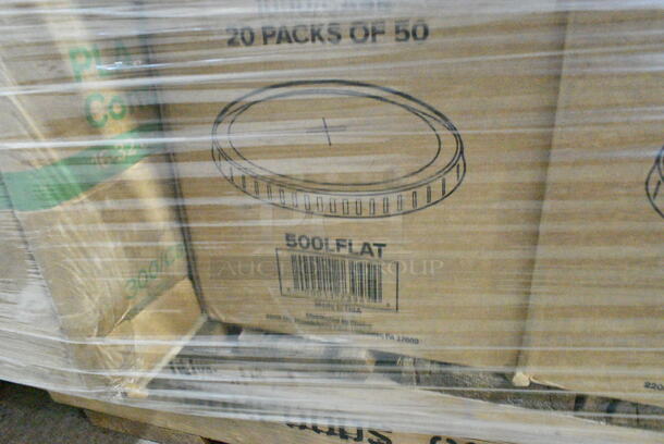 PALLET LOT of 22 BRAND NEW Boxes Including 966UPWIDEKFT OneUp by Choice Kraft 2-Ply Wide Interfold 6 1/2" x 8 1/2" Dispenser Napkin - 6000/Case, 130WBKFORKH Choice Black Heavy Weight Wrapped Plastic Fork - 1000/Case, 500TO883 Choice 8" x 8" x 3" Microwaveable 1-Compartment Black / Clear Plastic Hinged Container - 100/Case, 2 Box 130WHKNIFEWX Choice White Extra Heavy Weight Wrapped Plastic Knife - 1000/Case, 3 Box 6700305 4" x 6" Lemon Scented Moist Towelette / Wet Nap Hand Wipe - 1000/Case, 3 Box 500LFLAT Choice Clear Flat Lid with Straw Slot - 9, 12, 16, 20, and 24 oz. - 1000/Case, 127RD32COMBO Choice 32 oz. Customizable Microwavable Clear Round Deli Container and Lid Combo Pack - 250/Case, 795KFTL32PLA EcoChoice 16-32 oz. Round Compostable PLA Take-Out Lid - 300/Case. 22 Times Your Bid!  - Image 12 of 12