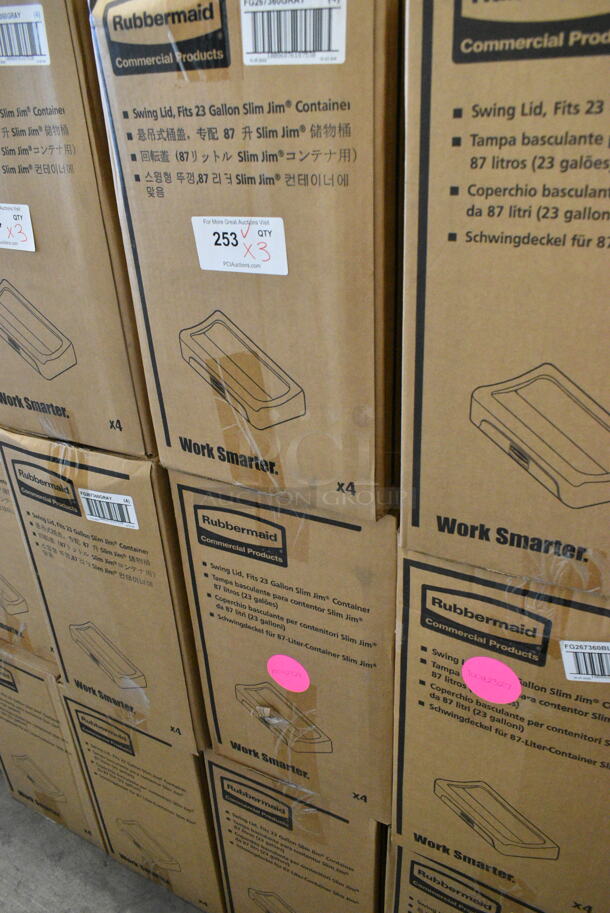 3 Boxes of 4 BRAND NEW SCRATCH AND DENT! Items; 1 Box Rubbermaid FG267360BLA Slim Jim Black Drop Shot Rectangular Trash Can Lid, 2 Box Rubbermaid FG267360GRAY Slim Jim Gray Drop Shot Rectangular Trash Can Lid. 3 Times Your Bid!  - Image 2 of 5