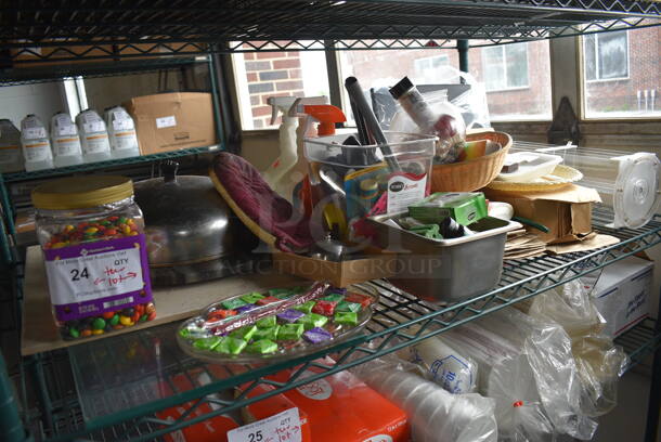 ALL ONE MONEY! Lot of Various Items Including Candy, Oven Mitt, Brown Paper Bags and Rack!