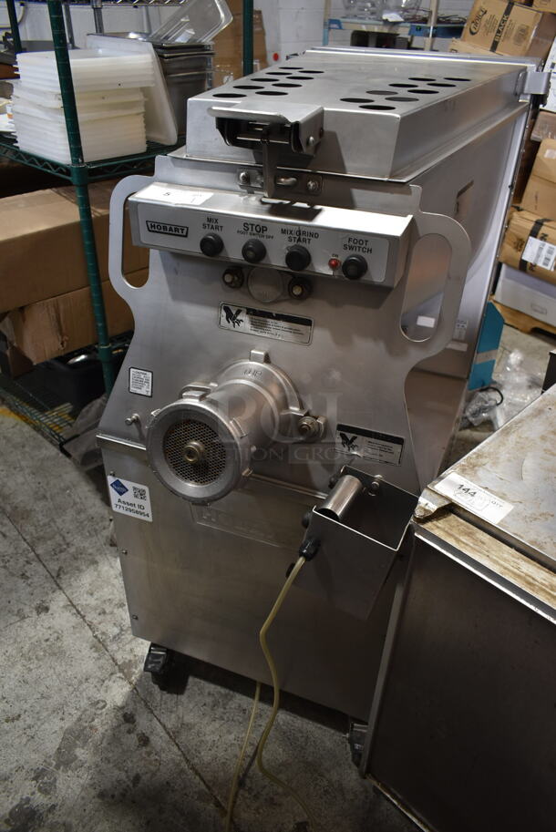 Hobart MG2032 Metal Commercial Floor Style Electric Powered Meat Mixer Grinder w/ Foot Pedal on Commercial Casters. 208 Volts, 3 Phase. Tested and Working!