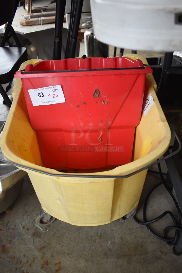 ALL ONE MONEY! Lot of Yellow Poly Mop Bucket on Commercial Casters and Red Poly Bucket. 18x22x19