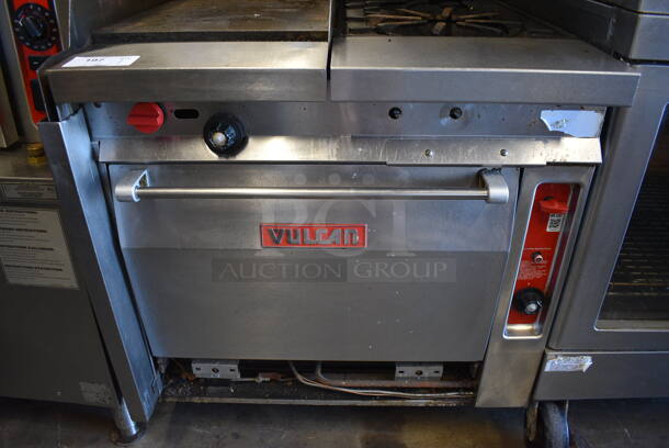 Vulcan GH60T45 Stainless Steel Commercial Natural Gas Powered 2 Burner Range w/ Flat Top Griddle, Oven and 2 Over Shelves on Commercial Casters. 34x40x72 - Image 6 of 9