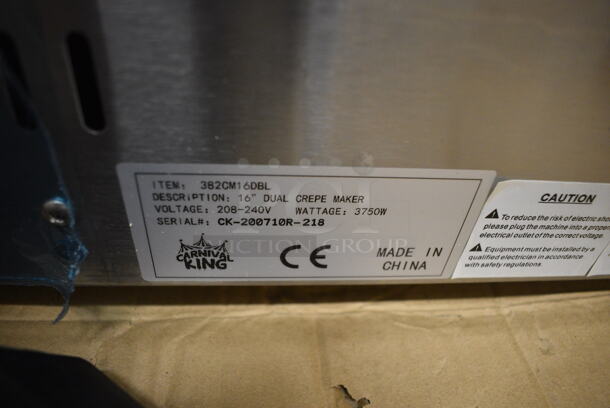 IN ORIGINAL BOX! Carnival King 382CM16DBL Stainless Steel Commercial Countertop Electric Powered 2 Burner Crepe Maker. 208-240 Volts, 1 Phase. 34x18x7 - Image 10 of 10
