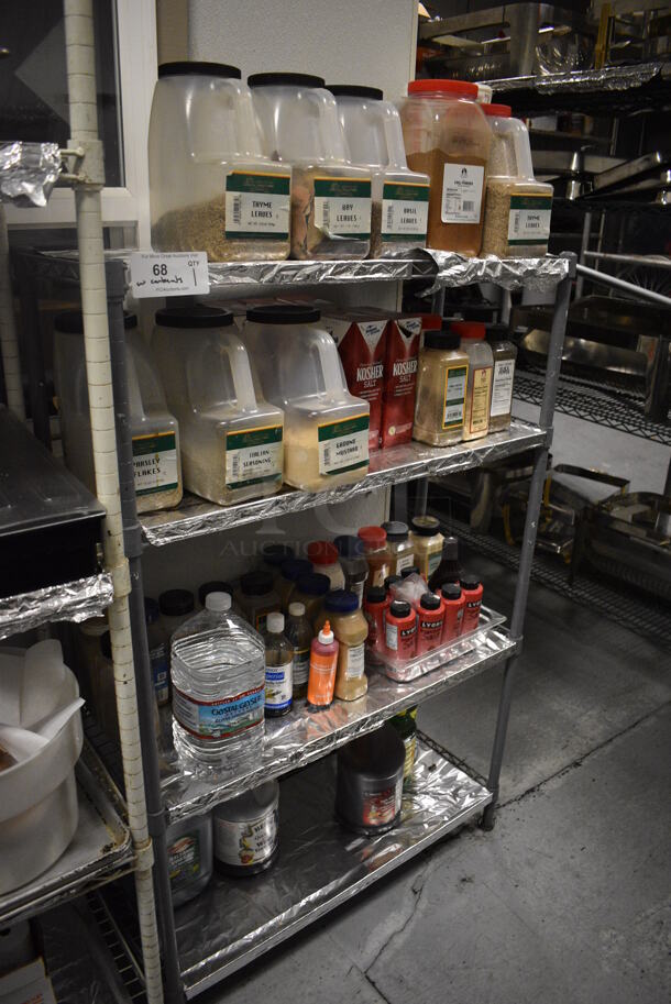 Gray Finish 4 Tier Wire Shelving Unit w/ Contents Including Seasonings. BUYER MUST REMOVE. BUYER MUST DISMANTLE. PCI CANNOT DISMANTLE FOR SHIPPING. PLEASE CONSIDER FREIGHT CHARGES. 36x14x54.5. (kitchen) - Image 2 of 9