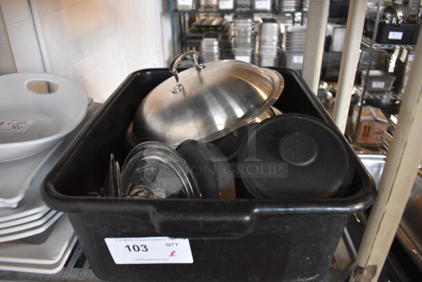 ALL ONE MONEY! Lot of Various Items Including Metal Lids and Glass Lid in Black Poly Bus Bin