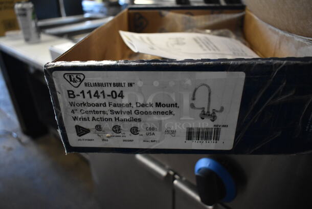 BRAND NEW SCRATCH AND DENT! T&S B-1141-04 Deck Mount Workboard Faucet with 4" Centers, 5 3/4" Gooseneck Spout, 4" Wrist Action Handles, Escutcheon, and Tailpieces - Image 5 of 5