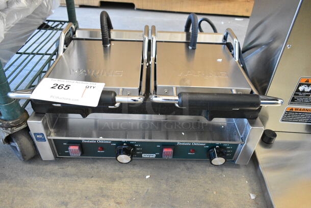 BRAND NEW SCRATCH AND DENT! 2024 Waring WFG300 Stainless Steel Commercial Tostato Ottimo Smooth Top & Bottom Dual Panini Sandwich Grill - 17" x 9 1/4" Cooking Surface. 240 Volts, 1 Phase.  - Image 7 of 9