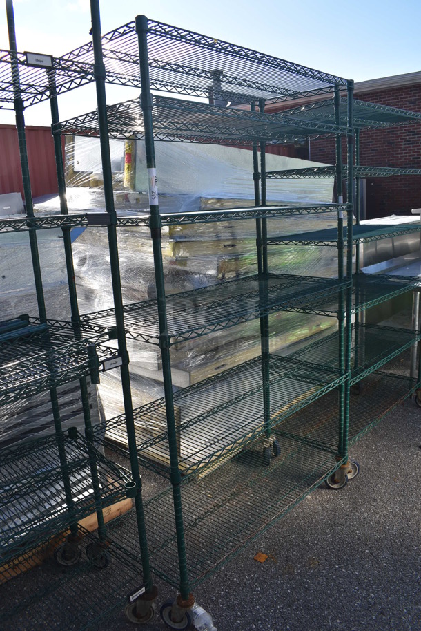 Green Finish 6 Tier Wire Shelving Unit on Commercial Casters. BUYER MUST DISMANTLE. PCI CANNOT DISMANTLE FOR SHIPPING. PLEASE CONSIDER FREIGHT CHARGES. 48x21x80