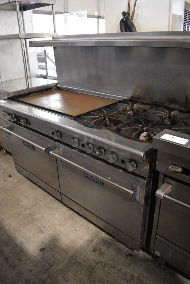 Imperial Stainless Steel Commercial Natural Gas Powered 4 Burner Range w/ Flat Top Griddle, 2 Ovens, Over Shelf and Back Splash. 60x32x55 - Image 5 of 7