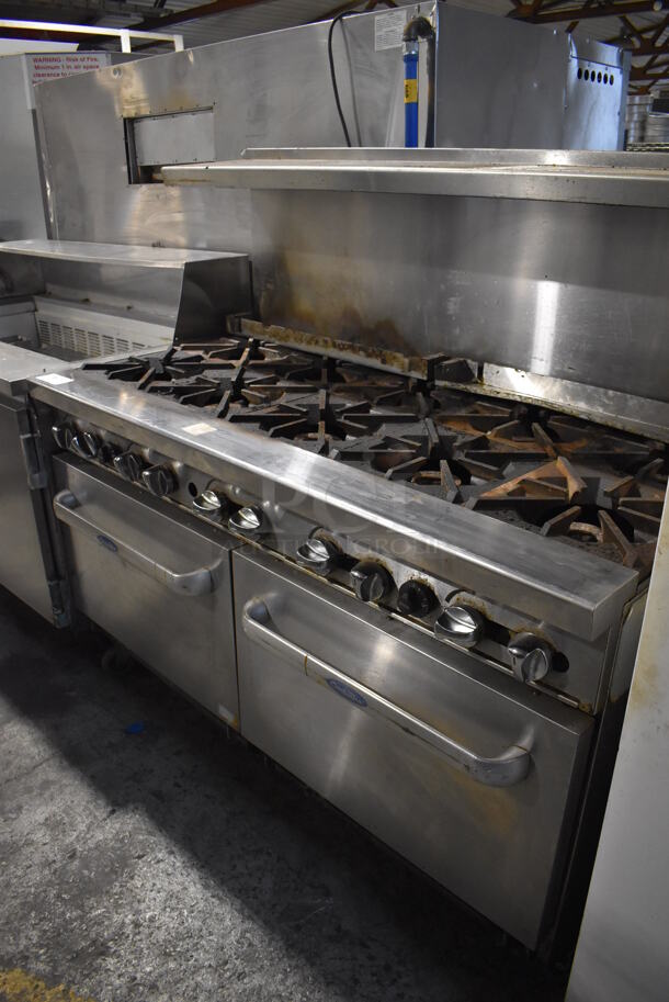 Cook Rite Stainless Steel Commercial Natural Gas Powered 10 Burner Range w/ 2 Ovens, Over Shelf and Back Splash on Commercial Casters. 60x32x58 - Image 3 of 7