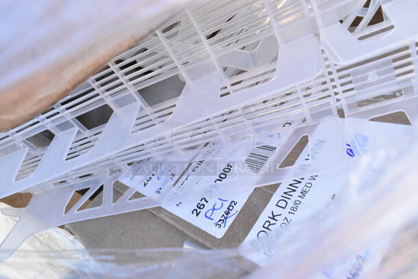 25 BRAND NEW Boxes Including V4025B Arcoroc Romeo 5 oz. Martini Glass by Arc Cardinal - 12/Case, 4 Box 303PNG12GY Acopa Pangea 12 oz. Ash Matte Porcelain Mug - 24/Case, 27140006CGN Carlisle 40006C09 Sparta 30" Green Multi-Purpose Cleaning Brush - 3" Bristle Diameter, 267010005 Choice Windsor 7" 18/0 Stainless Steel Dinner Fork - 12/Case, 267010008  Choice Windsor 8 3/8" Stainless Steel Dinner Knife - 12/Case, 267020002 Choice Dominion 5 7/8" 18/0 Stainless Steel Bouillon Spoon - 12/Case, 427CSRTBSBWB Lancaster Table & Seating Bistro Series Black and White Birdseye Weave Rattan Outdoor Side Chair, 274MOPBCKTBK Lavex 35 Qt. Black Mop Bucket & Side Press Wringer Combo, 128HD32COMBO Choice Heavy Duty 32 oz. Microwavable Translucent Plastic Deli Container and Lid Combo Pack - 240/Case, VacPak-It 186CVBZ812 8" x 12" Chamber Vacuum Packaging Bags with Zipper 3 Mil - 1000/Case, 999RP09 EcoChoice No PFAS Added Bamboo / Bagasse Blend 9" Plate - 125/Pack, 2 651CPDWLSS3 ServSense Wall-Mount Stainless Steel 32 - 44 oz. Cup Dispenser, 651CPDWLSS2 ServSense Wall-Mount Stainless Steel 10 - 24 oz. Cup Dispenser. 25 Times Your Bid!  - Image 8 of 12