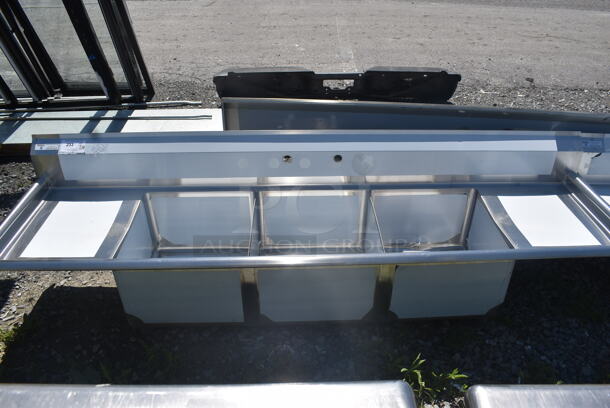 BRAND NEW SCRATCH AND DENT! Steelton Stainless Steel Commercial 3 Compartment Sink w/ Left and Right Side Drain Board. No Legs. Bays 18x18x12. Drain Boards 16x20