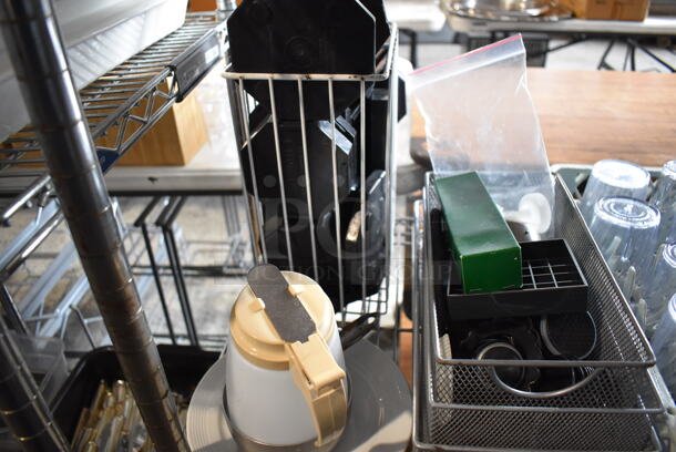 ALL ONE MONEY! Lot of Chrome Finish 5 Tier Shelving Unit on Commercial Casters w/ Contents Including Poly Beverage Tumblers, Coffee Urns, Mesh Baskets, Bus Bins, Utensils and Ceramic Mugs. BUYER MUST DISMANTLE. PCI CANNOT DISMANTLE FOR SHIPPING. PLEASE CONSIDER FREIGHT CHARGES. 48x18x75 - Image 8 of 12