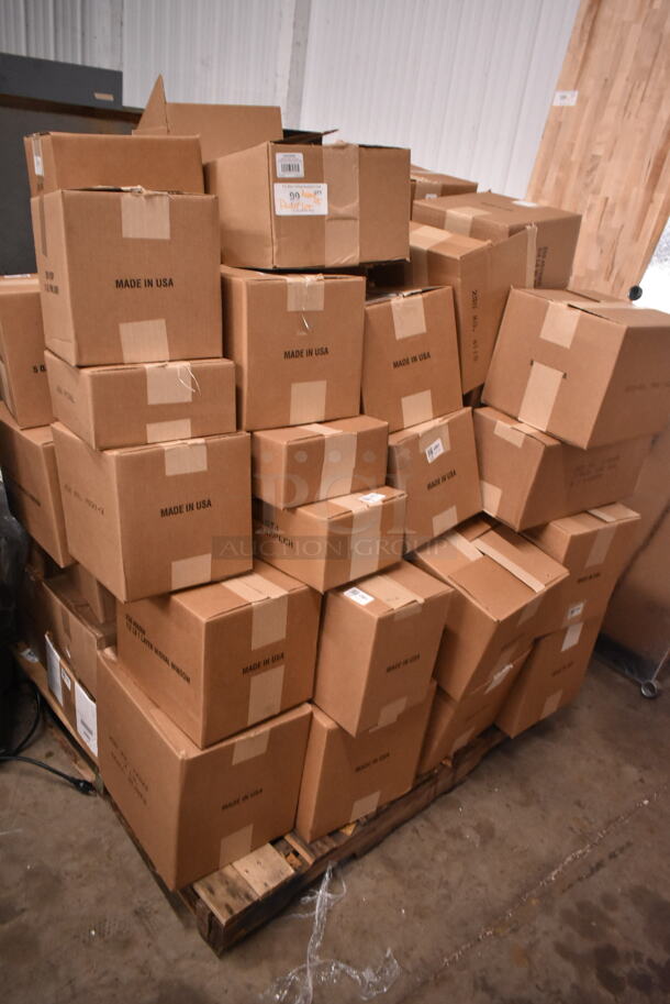 PALLET LOT of 45 BRAND NEW Boxes Including Assorted Candy Boxes , 245100BL, T-1220LB, 069W, 1252X, 130P, P020L, 245GT4, 245WT6, P001, P000, 2451010X, P021-2L, 8130WB Egg Box, 2454110, 2451411/2 1/2 lb, 212L 2 lb Lid, 112 2 lb, 245212, 1190W Small Tote, 210L 1/2 lb Lid, T-1520LB, 111 1/4 lb. 45 Times Your Bid! - Image 1 of 12