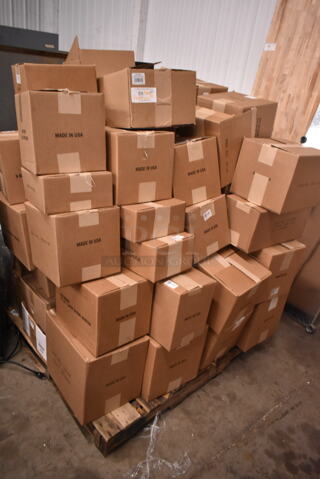 PALLET LOT of 45 BRAND NEW Boxes Including Assorted Candy Boxes , 245100BL, T-1220LB, 069W, 1252X, 130P, P020L, 245GT4, 245WT6, P001, P000, 2451010X, P021-2L, 8130WB Egg Box, 2454110, 2451411/2 1/2 lb, 212L 2 lb Lid, 112 2 lb, 245212, 1190W Small Tote, 210L 1/2 lb Lid, T-1520LB, 111 1/4 lb. 45 Times Your Bid!