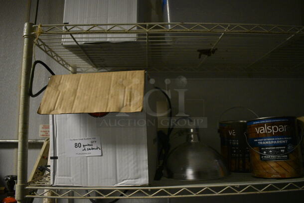 White Finish 5 Tier Wire Shelving Unit w/ Contents Including Paint, Boards and Sugar Caddies. BUYER MUST REMOVE. BUYER MUST DISMANTLE. PCI CANNOT DISMANTLE FOR SHIPPING. PLEASE CONSIDER FREIGHT CHARGES. 48x18x75. (kitchen) - Image 6 of 8