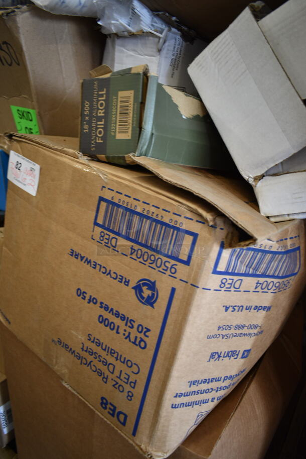PALLET LOT of 22 BRAND NEW Boxes Including 760IC06P Choice 6 oz. Pink Paper Frozen Yogurt / Food Cup - 1000/Case, 9506004 8 oz PET Dessert Containers, 12218X5ECOST Aluminum Foil, 482-001 54" x 108" White Tissue / Poly Table Cover - 25/Case, Dart C35UT1 StayLock&#174; 9" x 5 3/8" x 3 1/2" Clear Hinged Plastic 9" Medium Oblong Container - 250/Case, 999FFMEDSQWH Choice 5.5 oz. Medium White Paper Scoop / Tray - 50/Pack, Zurn Unit, T024CHC. 22 Times Your Bid! - Image 2 of 12