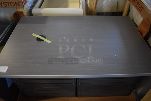 BRAND NEW! Royston Gray Metal Counter w/ Wood Pattern Countertop. 48x30x27 - Image 4 of 7