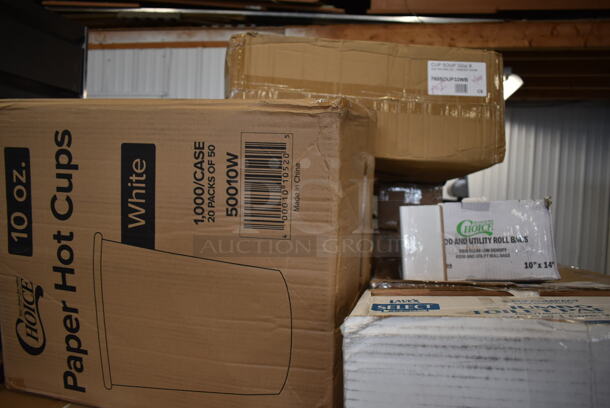 PALLET LOT of 25 BRAND NEW Boxes Including 2 Box 760SOUP6WB Choice 6 oz. White Double Poly-Coated Paper Food Cup - 1000/Case, 50010W Choice 10 oz. White Poly Paper Hot Cup - 1000/Case, 760SOUP32WB Choice 32 oz. White Double Poly-Coated Paper Food Cup - 500/Case, Choice Utility Roll Bags, 3 Box 5002TPJSELCM Lavex Select Compact Jumbo Jr. 550' 2-Ply Toilet Tissue Roll with 7" Diameter - 12/Case, 500LFLAT Choice 9, 12, 16, 20, and 24 oz. Clear Flat Lid with Straw Slot - 50/Pack, 109CARTBLGBK Choice Black Utility / Bussing Cart with Three Shelves - 42" x 20", SRKD-3 Speed Rail, 5008W Choice 8 oz. Tall White Poly Paper Hot Cup - 1000/Case, 3 Box 959SL24 Libbey SL-24 Slate 10 1/2" x 4 3/8" Ultra Bright White Wide Rim Rectangular Porcelain Plate - 12/Case, 2 Box Lavex Jumbo Toilet Paper, 3 Box 347TCL5 Choice 5 oz. Clear Disposable Plastic Tumbler - 500/Case, 966TALLFLDB Choice White Tall-Fold 6" x 13" Dispenser Napkin - 8000/Case 25 Times Your Bid! - Image 3 of 12