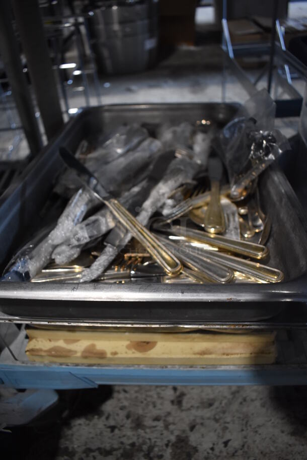 ALL ONE MONEY! Lot of Contents of Shelving Unit Including Silverware, Racks, Pump, Glass Dome Cover, Poly Bins. Does Not Include Shelving Unit. - Image 3 of 12