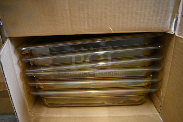 ALL ONE MONEY! Lot of 6 BRAND NEW IN BOX! Cambro Poly Amber Colored Full Size Drop In Bins. 1/1x2.5