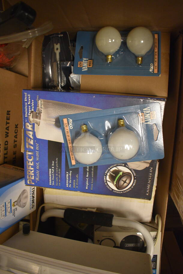 ALL ONE MONEY! Pallet Lot of Various Items Including Halogen-IR Floodlight, Reflector Light Bulbs, Micro Mini CFL, 40W Globe Light, Floor Sealer, Air Compressor, and Plastic Containers - Image 12 of 12