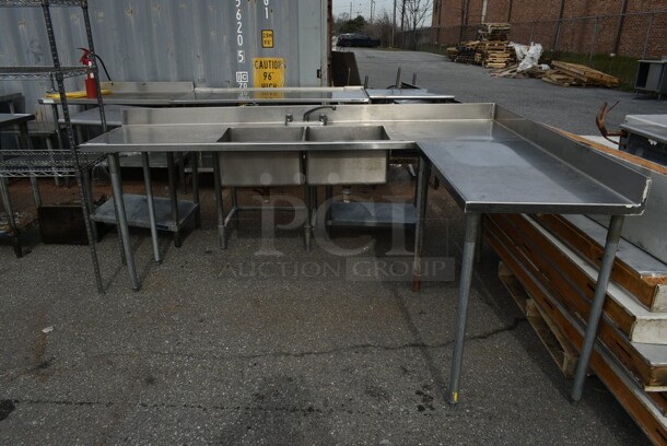 Stainless Steel Commercial 2 Bay L Shaped Sink w/ Faucet and Handles. Bays 18x16x10 