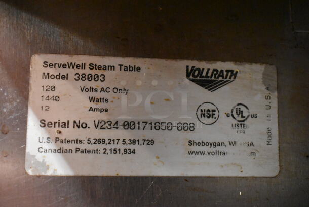 Vollrath ServeWell 38003 Stainless Steel Commercial Electric Powered 3 Bay Steam Table w/ Under Shelf. 120 Volts, 1 Phase. Tested and Working! - Image 4 of 4
