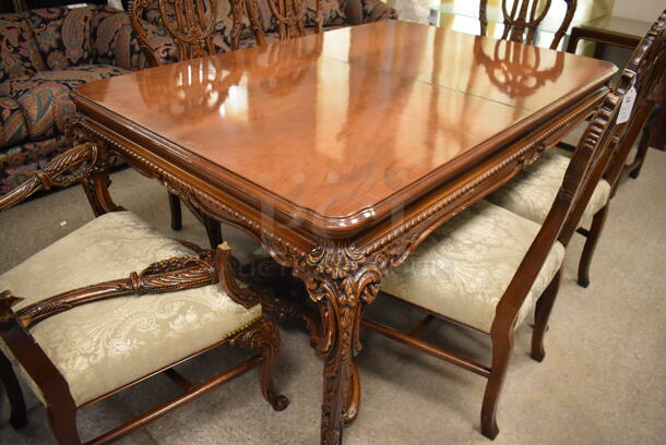 Hard Wood Victorian Style Dining Table w/ 6 Chairs and 2 Leaves. - Image 9 of 12