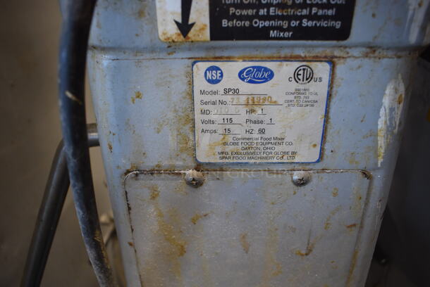 Globe SP30 Metal Commercial Floor Style 30 Quart Planetary Dough Mixer w/ Stainless Steel Mixing Bowl, Partial Bowl Guard, Paddle, Balloon Whisk and Dough Hook Attachments. 115 Volts, 1 Phase. 23x24x50. Tested and Does Not Power On - Image 7 of 7