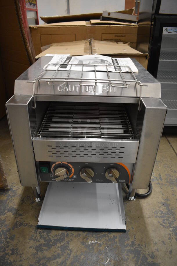 IN ORIGINAL BOX! Avatoast 184T3300B Stainless Steel Commercial Countertop Electric Powered Conveyor Toaster Oven. 208 Volts, 1 Phase. 14.5x19x15