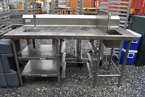 Stainless Steel Commercial Table w/ Sink Bay, Faucet, Handles, Splash Guard, Water Dispenser, Back Splash and Under Shelves. 72x31x48. Bays 10x8x4.5, 9x15x8.5