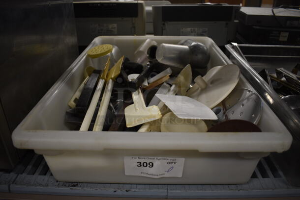 ALL ONE MONEY! Lot of Various Utensils and Food Processor Blade in White Poly Bin! 18x26x6 - Image 1 of 5
