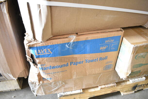 PALLET LOT of 35 BRAND NEW Boxes Including 750IC06B Choice 6 oz. Blue Paper Frozen Yogurt / Food Cup - 1000/Case, PP883 Ivory Containers, 966TALLFLDB Choice White Tall-Fold 6" x 13" Dispenser Napkin - 8000/Case, 2 Box 5001RT800B Lavex 8" White Hardwound Paper Towel, 800 Feet / Roll - 6/Case, 130BHWPLAFR EcoChoice Heavy Weight 6 1/2" Black CPLA Plastic Fork - 1000/Case, 500CFT Lavex White C-Fold Standard Weight Towel - 2400/Case, 43208500 Choice Black Beverage Napkins, 500LFLAT Choice Clear Flat Lid with Straw Slot - 9, 12, 16, 20, and 24 oz. - 1000/Case, 5001RT350B Lavex White Hardwound Paper Towel, 350 Feet / Roll - 12/Case, 795PTOKFT3 Choice Kraft Microwavable Folded Paper #3 Take-Out Container 7 3/4" x 5 1/2" x 2 1/2" - 200/Case, Elkay EZWSR Zurn Elkay ezH20 EZWSR Stainless Steel Non-Filtered Bottle Filling Station - Non-Refrigerated, 347RP9WHSS Visions Wave 9" White Plastic Plate - 180/Case. 35 Times Your Bid!  - Image 10 of 12