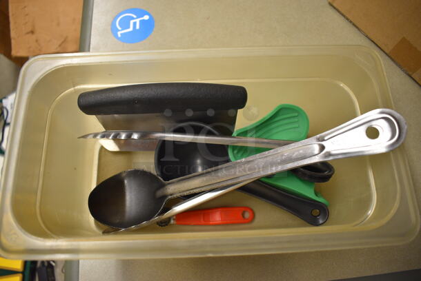 ALL ONE MONEY! Lot of Various Utensils Including Dough Cutter, Serving Spoon in Poly 1/3 Size Drop In Bin!