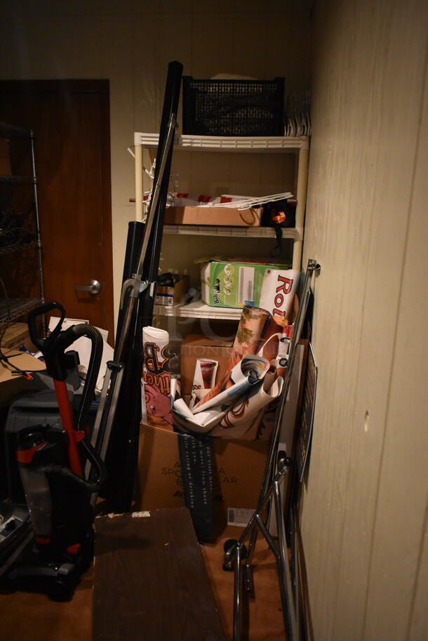 ALL ONE MONEY! ROOM LOT of Various Items Including Shelving Units, Vacuum Cleaner and Lights. BUYER MUST REMOVE. (hallway) - Image 2 of 7