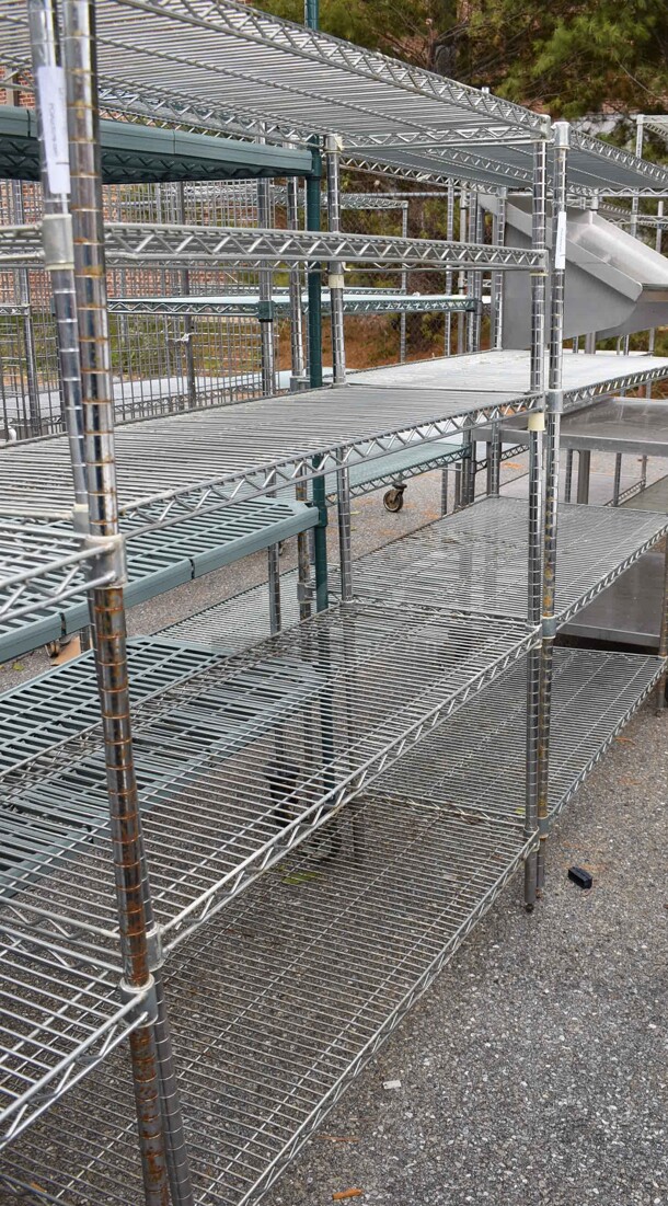 Chrome Finish 5 Tier Wire Shelving Unit. BUYER MUST DISMANTLE. PCI CANNOT DISMANTLE FOR SHIPPING. PLEASE CONSIDER FREIGHT CHARGES. 48x18x63 - Image 1 of 2