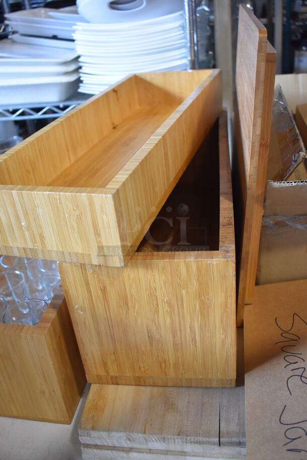 ALL ONE MONEY! Lot of Items on Tabletop Including Chafing Dish Frames, Metal Dome Lids, Glasses and Wooden Boxes. - Image 7 of 12