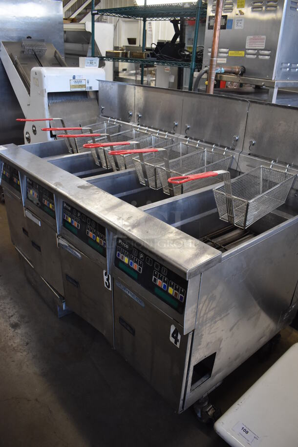 2014 Pitco Frialator Model SSH60 ENERGY STAR Stainless Steel Commercial 4 Bay Natural Gas Powered Deep Fat Fryer w/ 6 Metal Fry Baskets and Filtration System on Commercial Casters. 80,000 BTU. 62.5x35x49 - Image 2 of 12