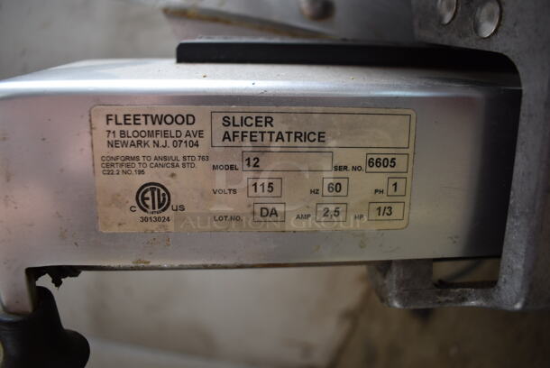 Fleetwood 12 Commercial Stainless Steel Electric Countertop Meat/Cheese Slicer On Rubber Stoppers. 115V, 1 Phase. Tested and Working! - Image 4 of 4