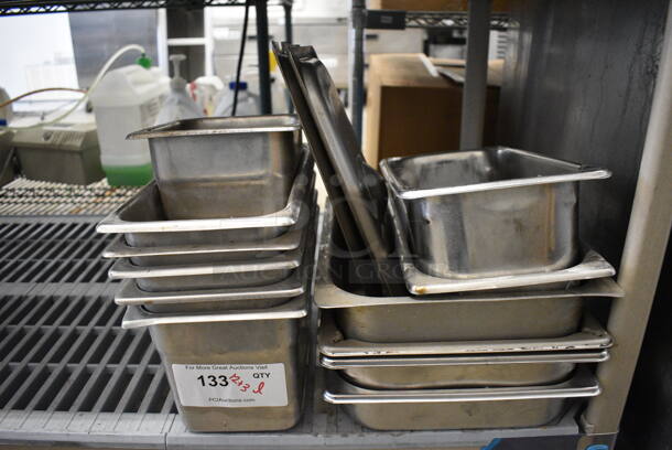 ALL ONE MONEY! Lot of 12 Various Stainless Steel Drop In Bins and 3 Third Size Drop In Bin Lids! Includes 1/2 Size, 1/3 Size and 1/4 Size.