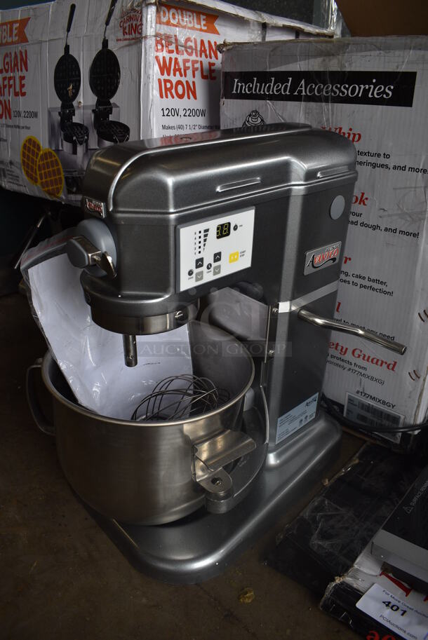 BRAND NEW IN BOX! Avantco Model 177MIX8GY Metal Commercial Countertop 8 Quart Planetary Dough Mixer w/ Stainless Steel Bowl, Whisk and Paddle Attachments. 120 Volts, 1 Phase. 12x16x19. Tested and Working!