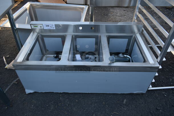 BRAND NEW SCRATCH AND DENT! Regency 600B31014 Stainless Steel Commercial 3 Bay Sink w/ 1 Leg, Faucet and Handles. Bays 10x14 - Image 1 of 4