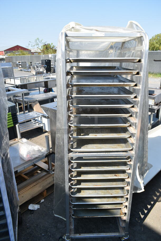 Metal Commercial Pan Transport Rack on Commercial Casters w/ Metal Baking Pans and Clear Cover.  - Image 4 of 8