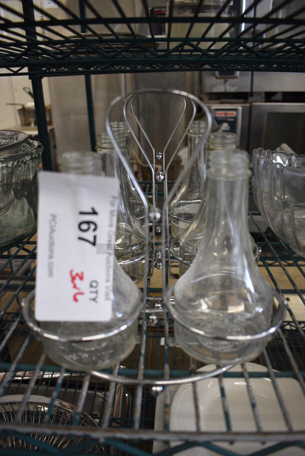 3 Chrome Finish Condiment Bottle Holders w/ 6 Glass Bottles. 8x4x8. 3 Times Your Bid! - Image 1 of 3