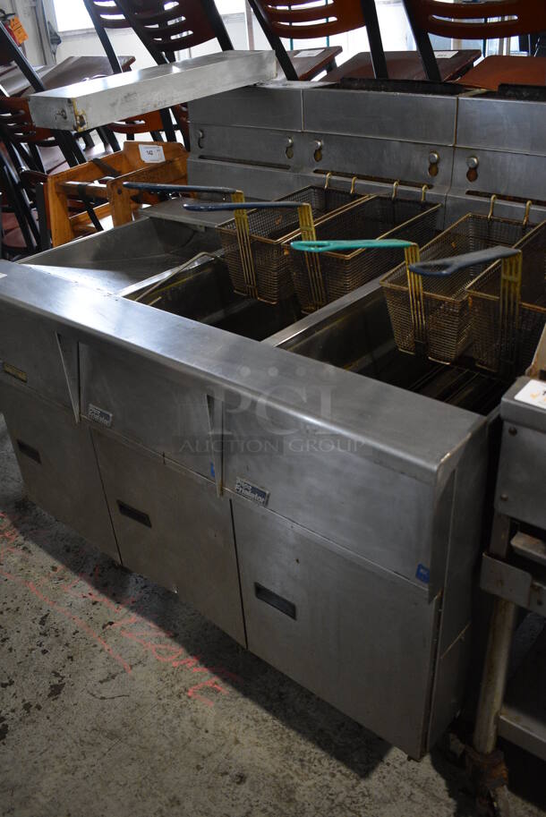 Pitco Frialator Stainless Steel Commercial Natural Gas Powered 2 Bay Deep Fat Fryer w/ Left Side Dumping Station and 4 Metal Fry Baskets on Commercial Casters. 110,000 BTU. 47x34.5x50 - Image 3 of 11