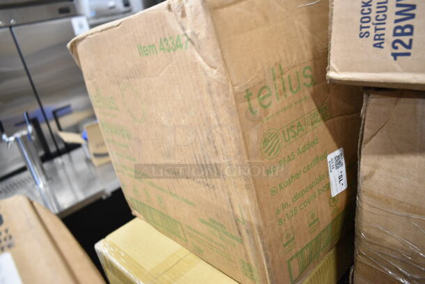 PALLET LOT of 20 BRAND NEW Boxes Including 5 Box Large Noble Gloves, 21485-50 2-1/4"x85' Thermal Paper Rolls, Bakers Mark Dough Box Dolly, 2 Box 500LFLAT32 Choice Clear Plastic Flat Lid with Straw Slot - 32 oz. - 500/Case, 612OB4LB Choice 4 lb. Oblong Foil Take-Out Container - 250/Case, Dart 12BWWCR Concorde 10-12 oz. White Non-Laminated Round Foam Bowl - 1000/Case, 795PTOBK3 Choice 7 3/4" x 5 1/2" x 2 1/2" Black Microwavable Folded Paper #3 Take-Out Container - 200/Case, Tellus 43347. 20 Times Your Bid! - Image 11 of 12