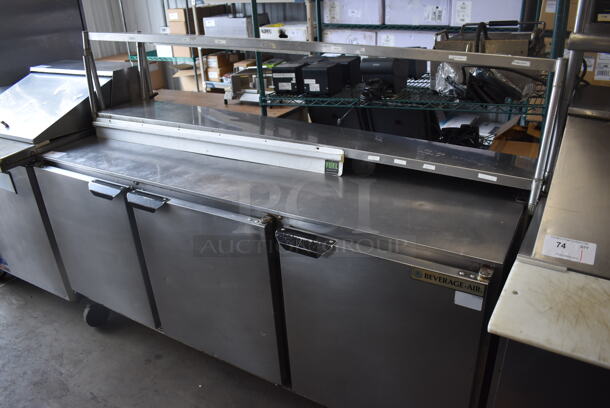 Beverage Air UCR72AY Stainless Steel Commercial 3 Door Undercounter Cooler on Commercial Casters w/ 2 Tier Over Shelf. 115 Volts, 1 Phase. 72x30x54. Tested and Working!