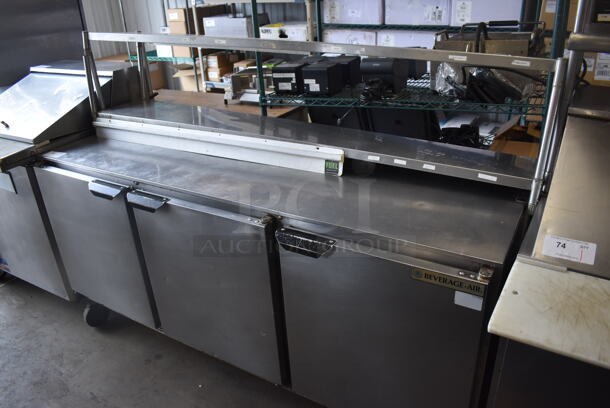 Beverage Air UCR72AY Stainless Steel Commercial 3 Door Undercounter Cooler on Commercial Casters w/ 2 Tier Over Shelf. 115 Volts, 1 Phase. 72x30x54. Tested and Working! - Image 1 of 8